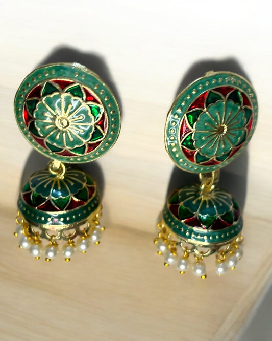 Sosha 141- Multicolour Meenakari Jhumka Earrings with White Beads