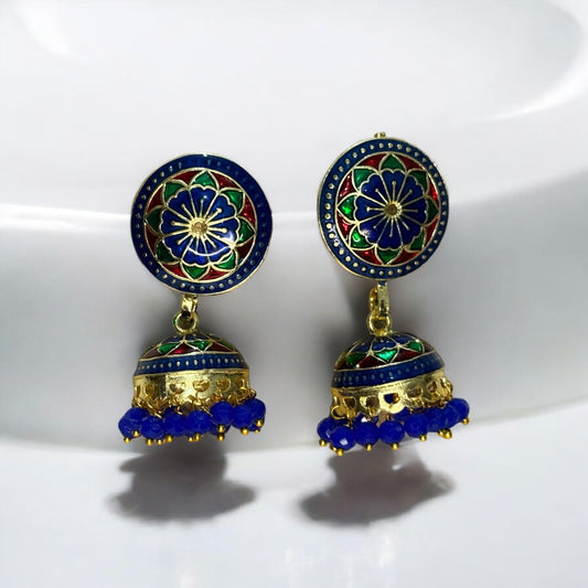 Sosha 139 - Multicolor Meenakari Jhumka Earrings with Royal Blue Beads